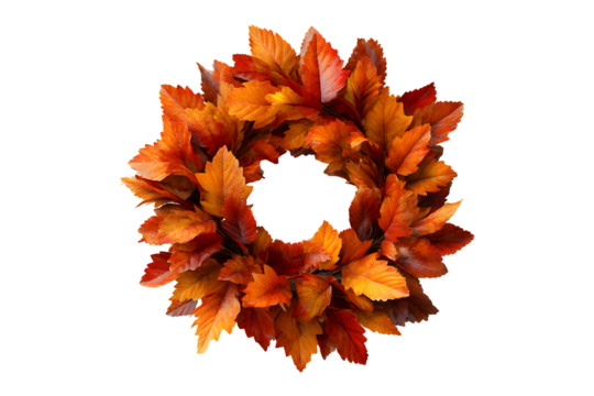 Autumnal elegance: Vibrant orange leaf wreath on a stark transparent backdrop captures fall's essence - Powered by Adobe