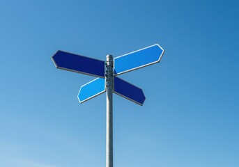Crossroads of Choice: Four Blank Directional Signs Against a Clear Blue Sky, Representing Decisions, Strategy, and Navigating the Future Path, Isolated for Customizable Text and Symbolic Meaning