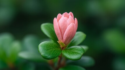 Fototapeta premium Delicate Pink Flower with Water Droplets Surrounded by Vibrant Green Leaves in a Natural Setting