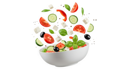 Fresh salad with tomatoes cucumbers olives cheese and basil on transparent background