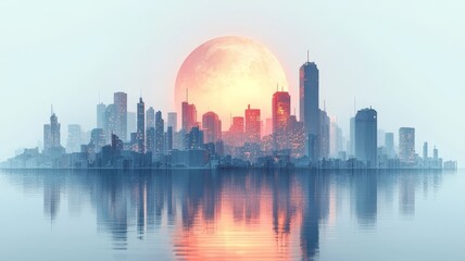 Obraz premium Stunning city skyline at sunset, featuring a vibrant orange moon reflecting on calm waters, perfect for urban and travel-themed projects.