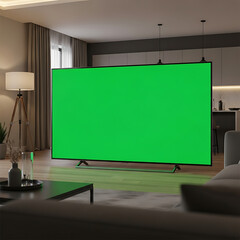 Modern Living Room with Large Green Screen TV Perfect for Content Creation and Media Projects