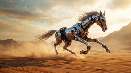 A horse running in the desert, mechanical horse images, AI horse