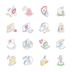 Handy bundle of isometric outline icons depicting cyber protection concepts