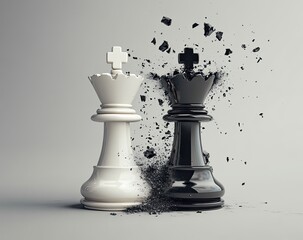 A white chess piece in motion colliding with the black king, causing it to shatter into pieces against a gray background.