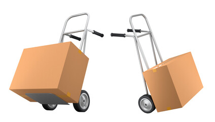 Set of Airport luggage cart or baggage trolley side with stack of cardboard boxes or cartons on white background. 3d render element of airport or warehouse service