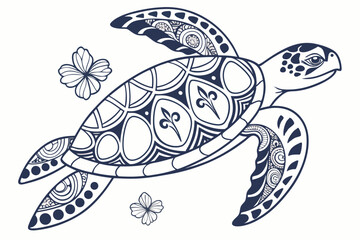 Ornate mandala sea turtle with flowers