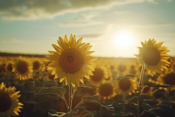 Sunflower field blooms under a bright sun on a summer day in Bela, Sunflowers field in summer Bright sunny and windy day in Belarus