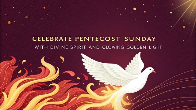 Pentecost Sunday, Radiant dove surrounded by flames celebrates Holy Spirit's arrival.