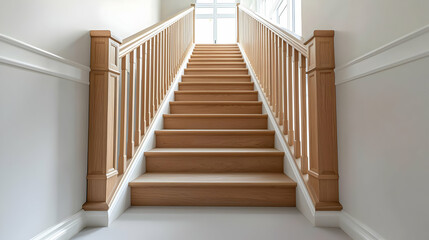 Fototapeta premium Light Brown Wooden Staircase With White Walls