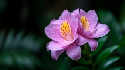 Delicate Pink Orchids With Water Droplets Surrounded By Lush Green Foliage
