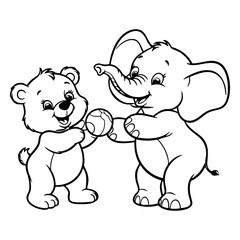Baby Bear and Elephant Playing Together with Ball
