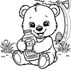 Cute Baby Bear Hugging Honey Bottle in the Forest