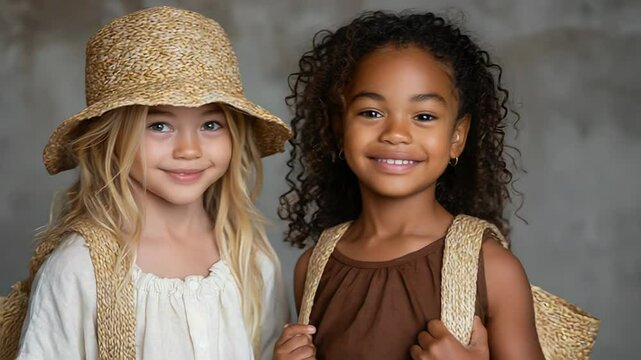 Joyful friends in straw hats show playful bond and laughter