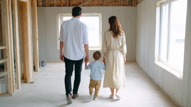 Family new home construction with parents and child walking through unfinished house interior, window letting daylight, togetherness and happiness for future planning, casual lifestyle, hope