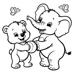 Cute Bear and Elephant Playing Together