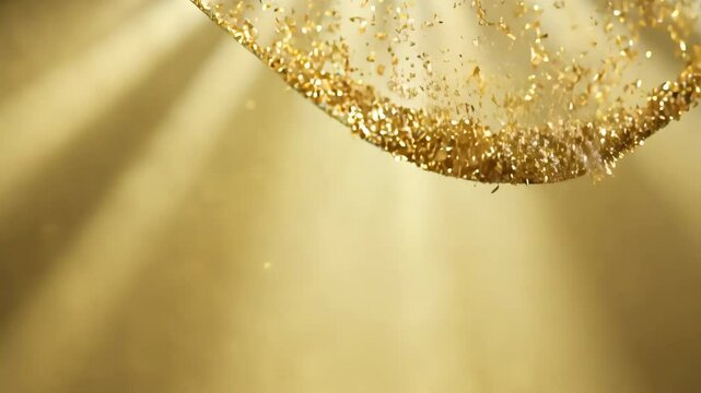 Golden champagne bubbles dance on a textured glass, capturing the light in an abstract pattern of liquid and foam - Powered by Adobe