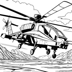 Realistic Military Attack Helicopter in Action Coloring Sheet