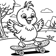 Happy Little Bird Riding a Skateboard in the Park Coloring Page