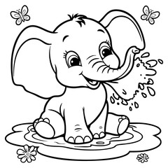 Cute Cartoon Baby Elephant Playing Joyfully in a Water Puddle