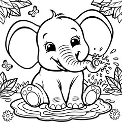 Smiling Baby Elephant Playing in Water with Jungle Surroundings