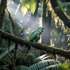 Radiant Red-Headed Parrot in Dappled Rainforest Light