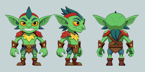 Obraz premium Professional cartoon goblin character sprite sheet three views