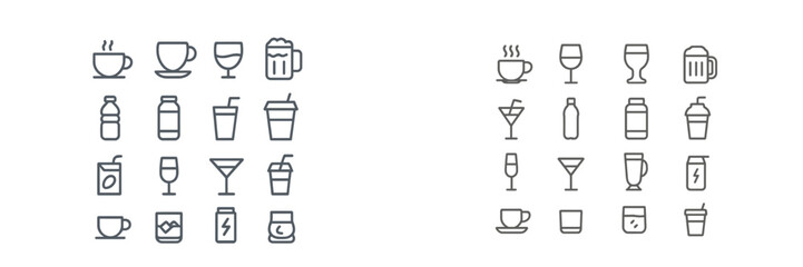 Collection of diverse drink icons representing various beverages in minimalist style
