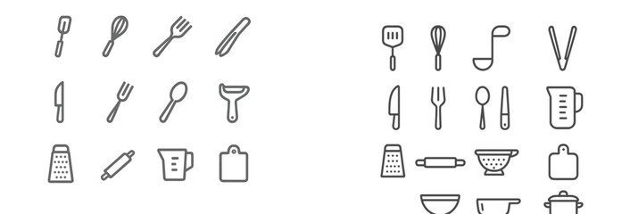 Various kitchen utensils and tools displayed in a structured arrangement for culinary use and education
