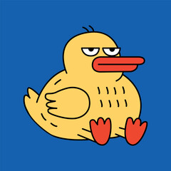 Grumpy Yellow Cartoon Duck Sitting on Blue Background – Funny Animal Character with Red Beak and Feet, Minimalist Vector Style for Comics, Stickers, Children's Media, and Humorous Merchandise