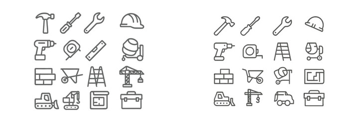 Construction tools and equipment icons arranged in two sections for design or informational use