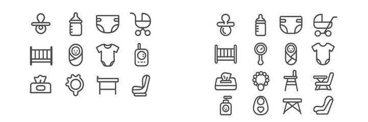 Collection of baby care icons featuring essentials for parenting, such as toys, clothing, and feeding items, arranged in a clear layout