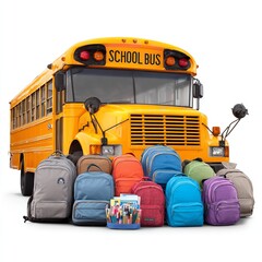 School bus with backpacks and school supplies for back to school education and learning concept image