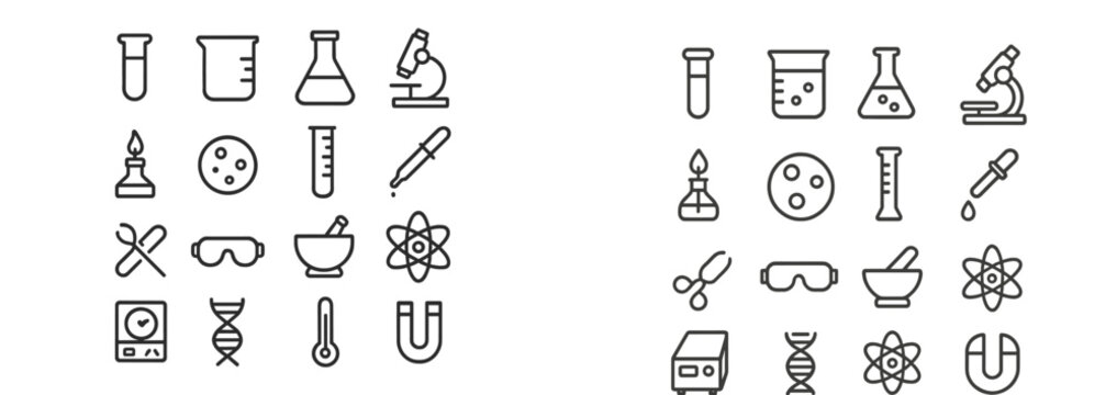Science icons and symbols showing laboratory equipment, experiments, and scientific concepts in a clean, minimal design