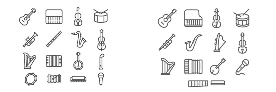 Collection of musical instruments including guitars and drums arranged in a creative layout on a white background