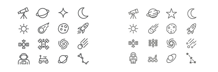 Collection of simple space icons depicting celestial bodies, exploration tools, and cosmic phenomena