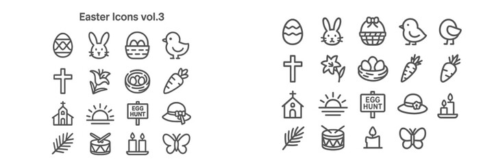 Collection of Easter-themed icons featuring bunnies, eggs, and festive symbols suitable for various creative projects
