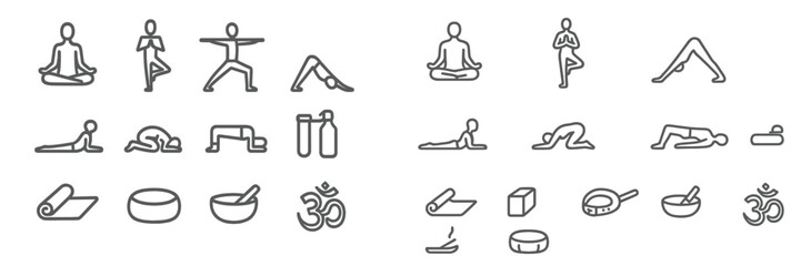 Yoga poses and related activities in minimal line art style for wellness and fitness enthusiasts