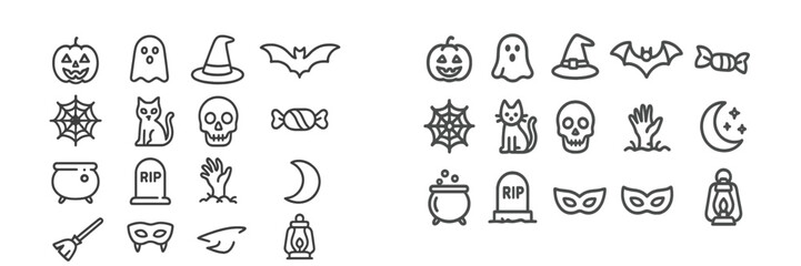 Halloween themed icons featuring ghosts, pumpkins, bats, and more in a fun, festive arrangement