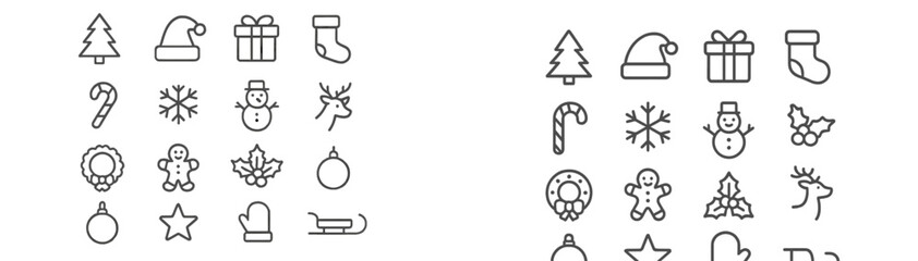 Assorted festive icons featuring Christmas symbols like trees, gifts, snowmen, and more on a white background