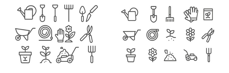 Gardening tools and icons for planting and landscaping in a creative layout