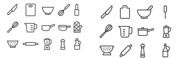 Collection of culinary utensils and kitchen tools in simple line art design for cooking enthusiasts and chefs