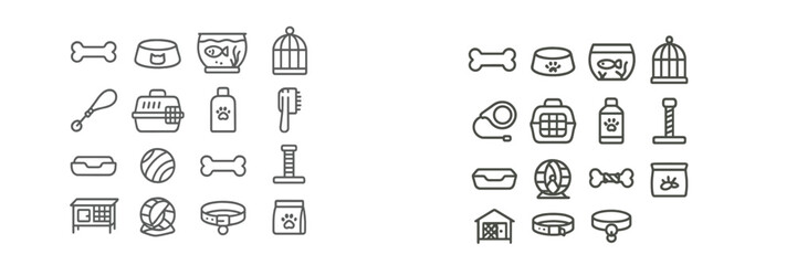 Collection of pet supplies and accessories arranged in a grid format for various animals observing organized layouts