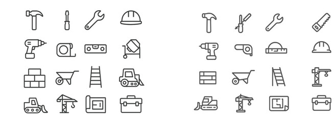 Construction tools and equipment icon collection for various building tasks and projects