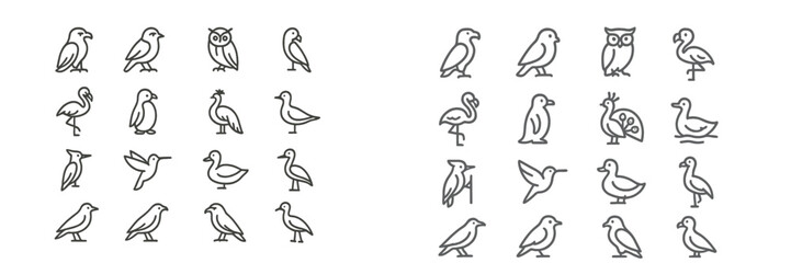 Variety of bird illustrations in different poses and styles showcasing nature's diverse avian life