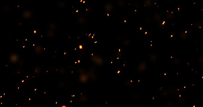 
Realistic surreal ember fire dust slowly rising up on black bg 4K. Grunge dark fire sparks flying isolated. Overlay spark tiny flake burning animation. Hell rising burst inferno. Fire burst dust move