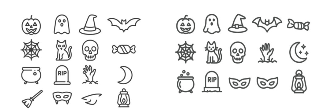 Halloween themed icons featuring ghosts, pumpkins, bats, and more in a fun, festive arrangement