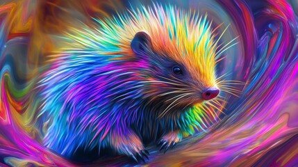 Colorful hedgehog with rainbow quills on abstract background.