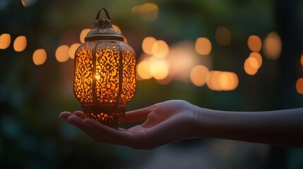 Decorative lantern held in hand with blurred lights in the background.