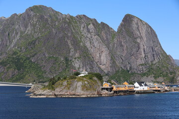 View off the fantastic mountain scenery on the coast of Reine, Lofoten, Norway  